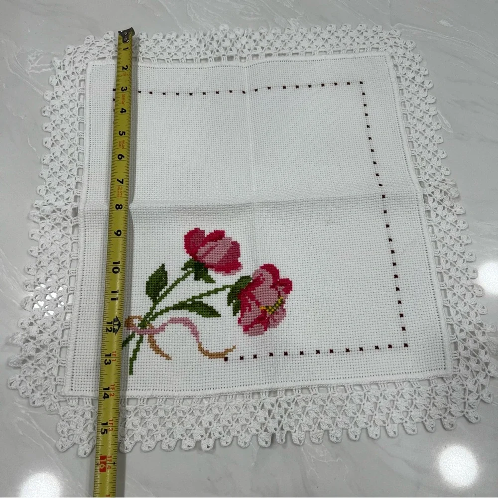 Hand made Floral Cross Stitch Embroidered Floral Accent with White Trim Cottage